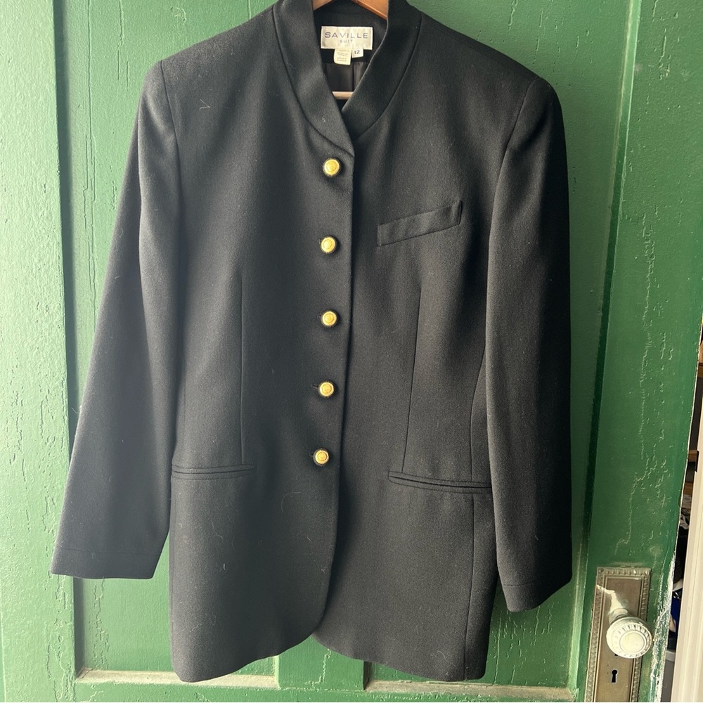 Vintage Designer Saville Suit Jacket Size 12 Black With Gold Buttons 100% Wool